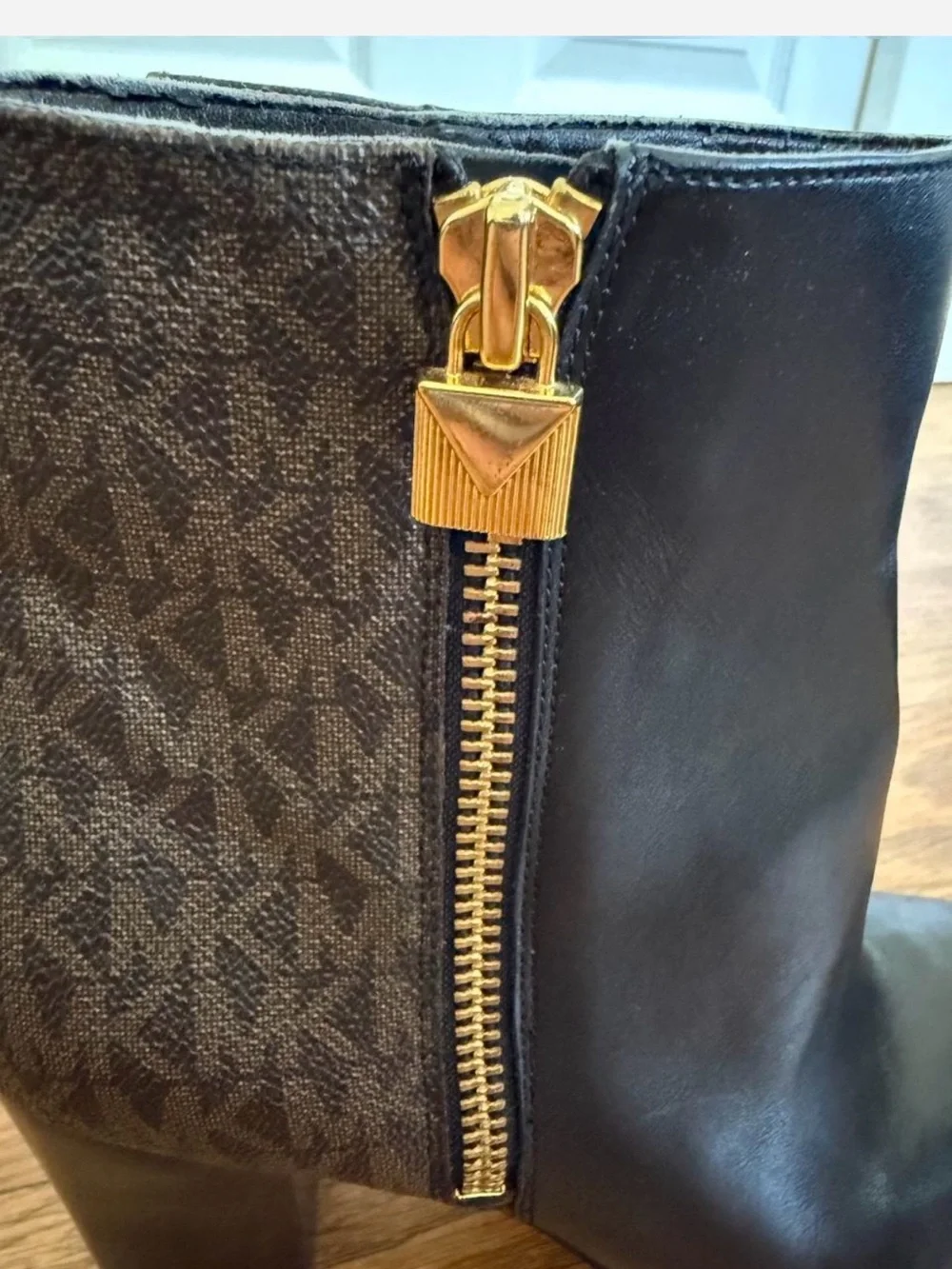 Michael Kors Black and Brown Leather Boots with Gold Zipper